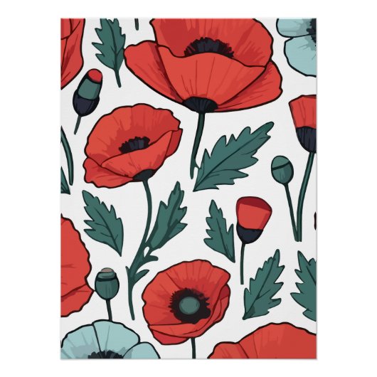 赤い鮮やかポピーの花イラストレーション模様 ポスター (正面)