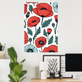 赤い鮮やかポピーの花イラストレーション模様 ポスター (ホームオフィス)