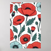赤い鮮やかポピーの花イラストレーション模様 ポスター (正面)