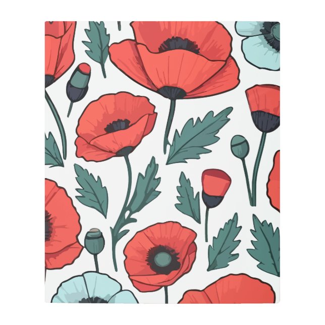 赤い鮮やかポピーの花イラストレーション模様 メタルプリント (正面)