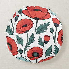 赤い鮮やかポピーの花イラストレーション模様 ラウンドクッション