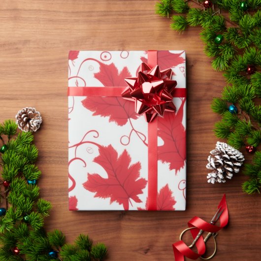 赤い鮮やかメープルの葉のパターン ラッピングペーパー (クリスマスギフト)