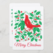 赤い鳥とホリーの実のフラットホリデーカード シーズンカード (正面/裏面)
