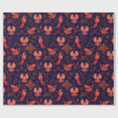 赤い鳥と植物のエレガントなパターン（青い背景） ラッピングペーパー (フラット)