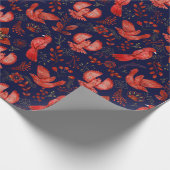 赤い鳥と植物のエレガントなパターン（青い背景） ラッピングペーパー (角)