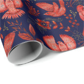 赤い鳥と植物のエレガントなパターン（青い背景） ラッピングペーパー (ロールコーナー)