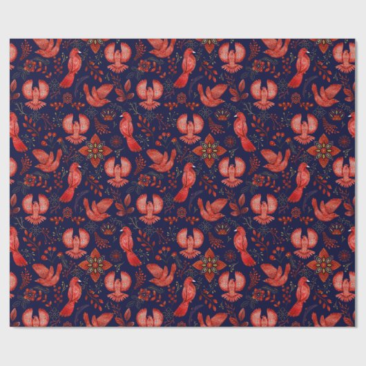 赤い鳥と植物のエレガントなパターン(青背景) ラッピングペーパー (フラット)