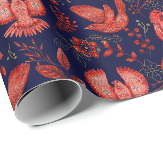 赤い鳥と植物のエレガントなパターン(青背景) ラッピングペーパー (ロールコーナー)