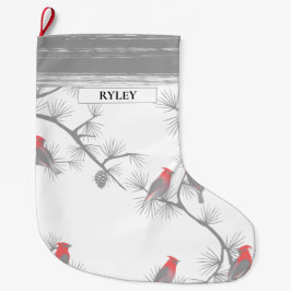 赤い鳥灰色の枝パターンモノグラム ラージクリスマスストッキング