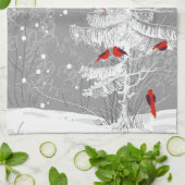 赤い鳥、白いクリスマス キッチンタオル (折り畳み)