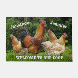 赤い鶏と鶏が「我々の巣へようこそ」 ドアマット