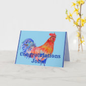 赤い鶏の水彩祝いカード カード (黄色い花)