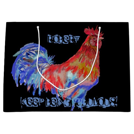 赤い鶏の水色マン名ギフトプレゼントバッグ ラージペーパーバッグ (正面)