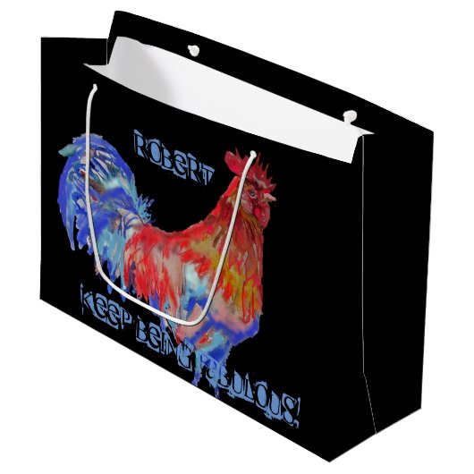 赤い鶏の水色マン名ギフトプレゼントバッグ ラージペーパーバッグ (正面アングル)