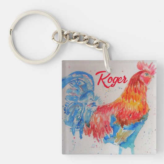 赤い鶏の水色絵を描のアートチキン キーホルダー (正面)