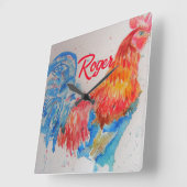 赤い鶏の水色絵を描のアートチキン スクエア壁時計 (傾斜)