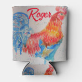 赤い鶏の水色絵を描のアートチキン 缶クーラー (正面)