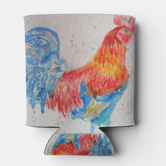 赤い鶏の水色絵を描のアートチキン 缶クーラー (裏面)