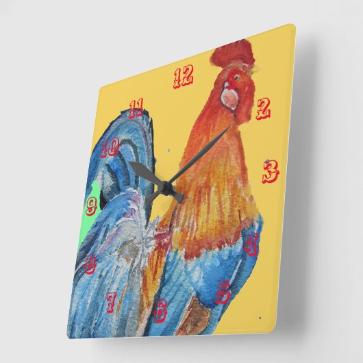 赤い鶏の鶏のコケレルバードの水色 スクエア壁時計 (傾斜)