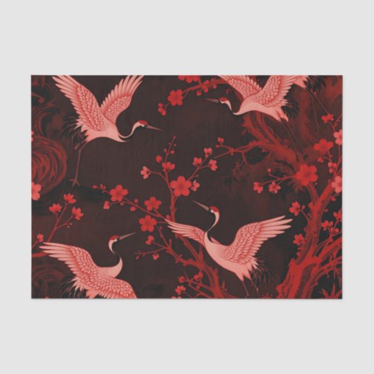 赤い鶴の桜のシノワズリーデザイン 薄葉紙 (正面)