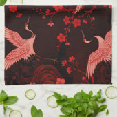 赤い鶴の桜柄のシノワズリ模様 キッチンタオル (折り畳み)