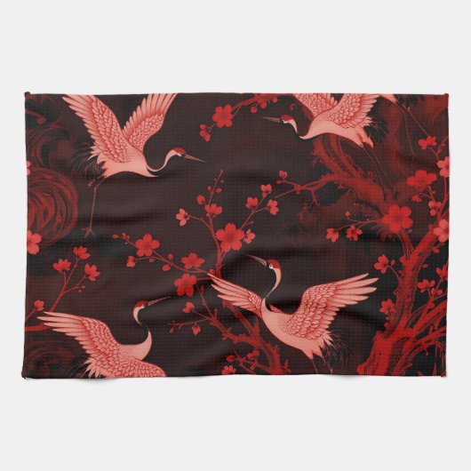赤い鶴の桜柄のシノワズリ模様 キッチンタオル (横)