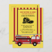 赤い黄ストライプの色の消防車の子供の3歳の誕生日 ポストカード (正面/裏面)