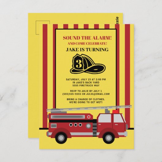 赤い黄ストライプの色の消防車の子供の3歳の誕生日 ポストカード (正面/裏面)
