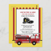 赤い黄ストライプの色の消防車の子供の4歳の誕生日 ポストカード (正面/裏面)