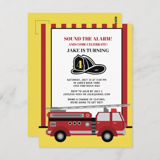 赤い黄ストライプの色の消防車の子供の4歳の誕生日 ポストカード (正面/裏面)