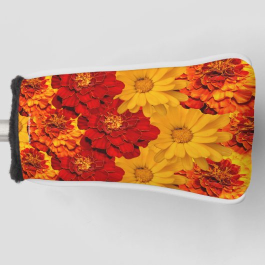 赤い黄色とオレンジのマリゴールドのメドレー ゴルフヘッドカバー (正面)