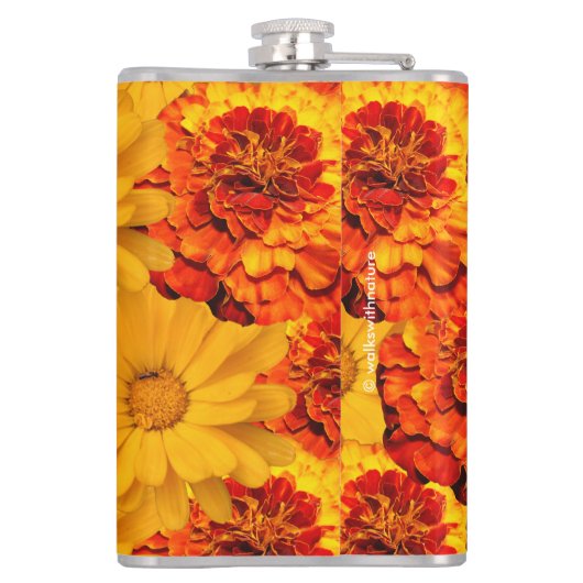 赤い黄色とオレンジのマリゴールドのメドレー フラスク (裏面)