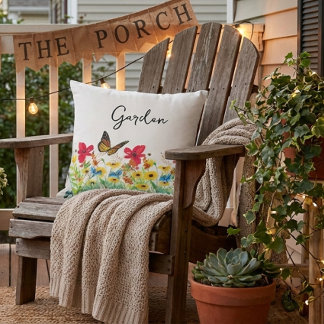 赤い黄色と青のフローラ（蝶あり） アウトドアクッション