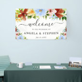 赤い黄色と青の花結婚の歓迎 横断幕 (トレードショー)