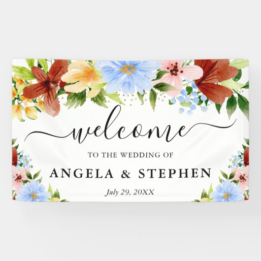 赤い黄色と青の花結婚の歓迎 横断幕 (横)