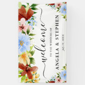 赤い黄色と青の花結婚の歓迎 横断幕 (縦)