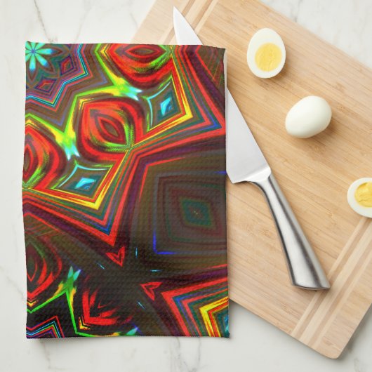 赤い黄色のねじれた8つの点を持つ星万華鏡のように千変万化するパターン キッチンタオル (四つ折り)