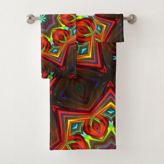 赤い黄色のねじれた8つの点を持つ星万華鏡のように千変万化するパターン バスタオルセット (インサイチュ)