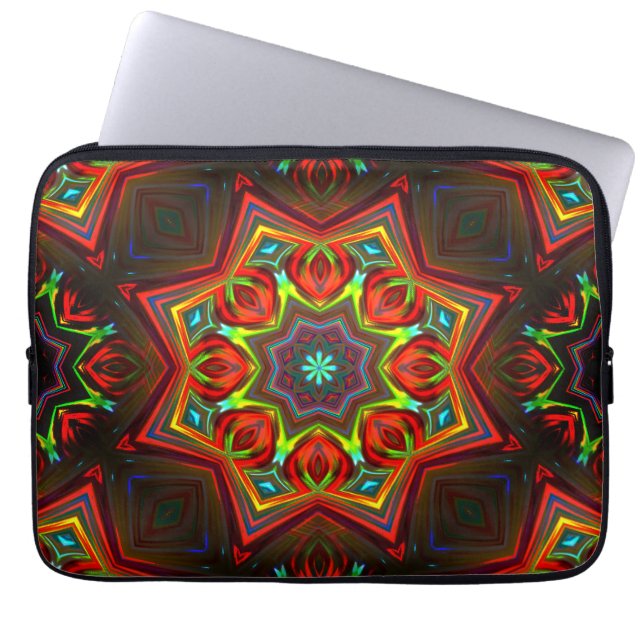 赤い黄色のねじれた8つの点を持つ星万華鏡のように千変万化するパターン ラップトップスリーブ (正面)
