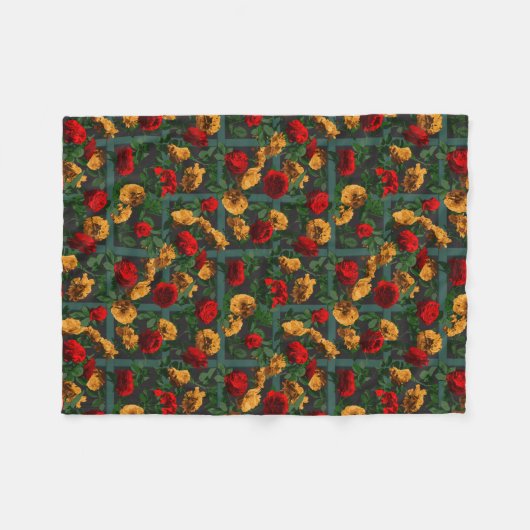 赤い黄色のエレガントフローラバラ フリースブランケット (正面(横))