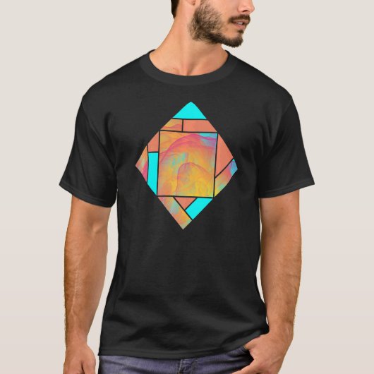 赤い黄色のシアン色の煙のジオメモダントリパターン Tシャツ (正面)