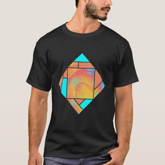 赤い黄色のシアン色の煙のジオメモダントリパターン Tシャツ (正面)