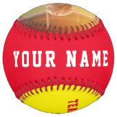 赤い黄色のチーム名とプレイヤー名番号写真 ソフトボール (裏面)