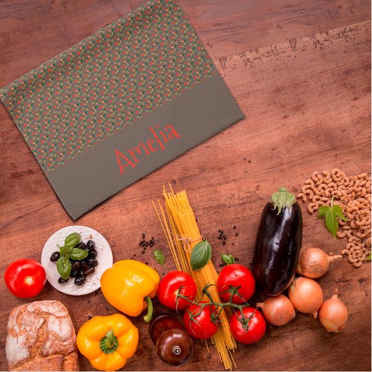 赤い黄色のミニワイルドフラワーの茶色のパターン キッチンタオル