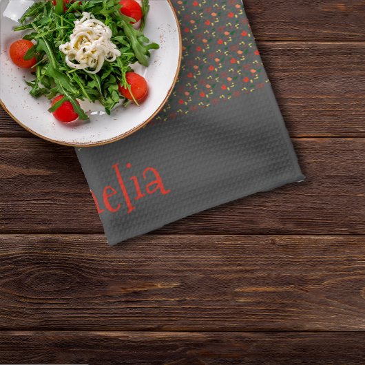 赤い黄色のミニワイルドフラワーグレーのパターン キッチンタオル