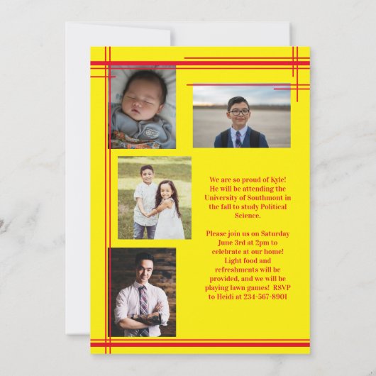 赤い黄色の学校のカラー卒業写真プライド 招待状 (裏面)