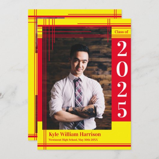 赤い黄色の学校のカラー卒業写真プライド 招待状 (正面/裏面)