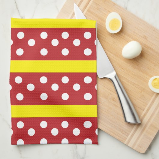 赤い黄色の水玉模様ストライプパターン キッチンタオル (四つ折り)