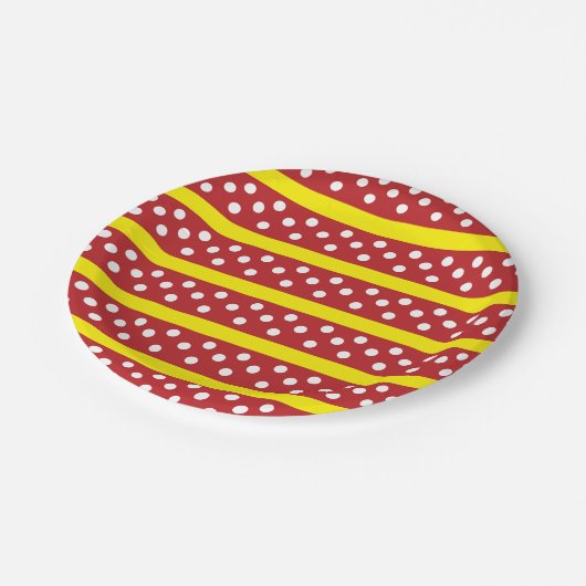 赤い黄色の水玉模様ストライプパターン ペーパープレート (アングル)