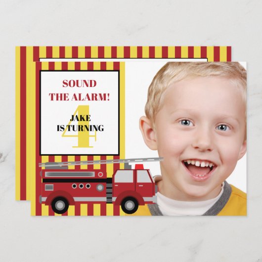 赤い黄色の消防車の子供の4番目の誕生日の写真 招待状 (正面/裏面)